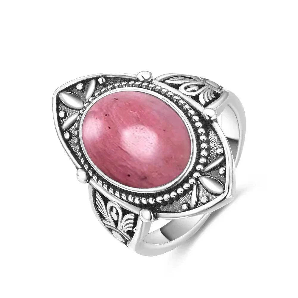 Vintage S925 Sterling Silver Ring Oval Round Natural Rhodochrosite Ring Sun And Flower Shaped Retro Fine Jewelry For Women Men - Flamingo Stores