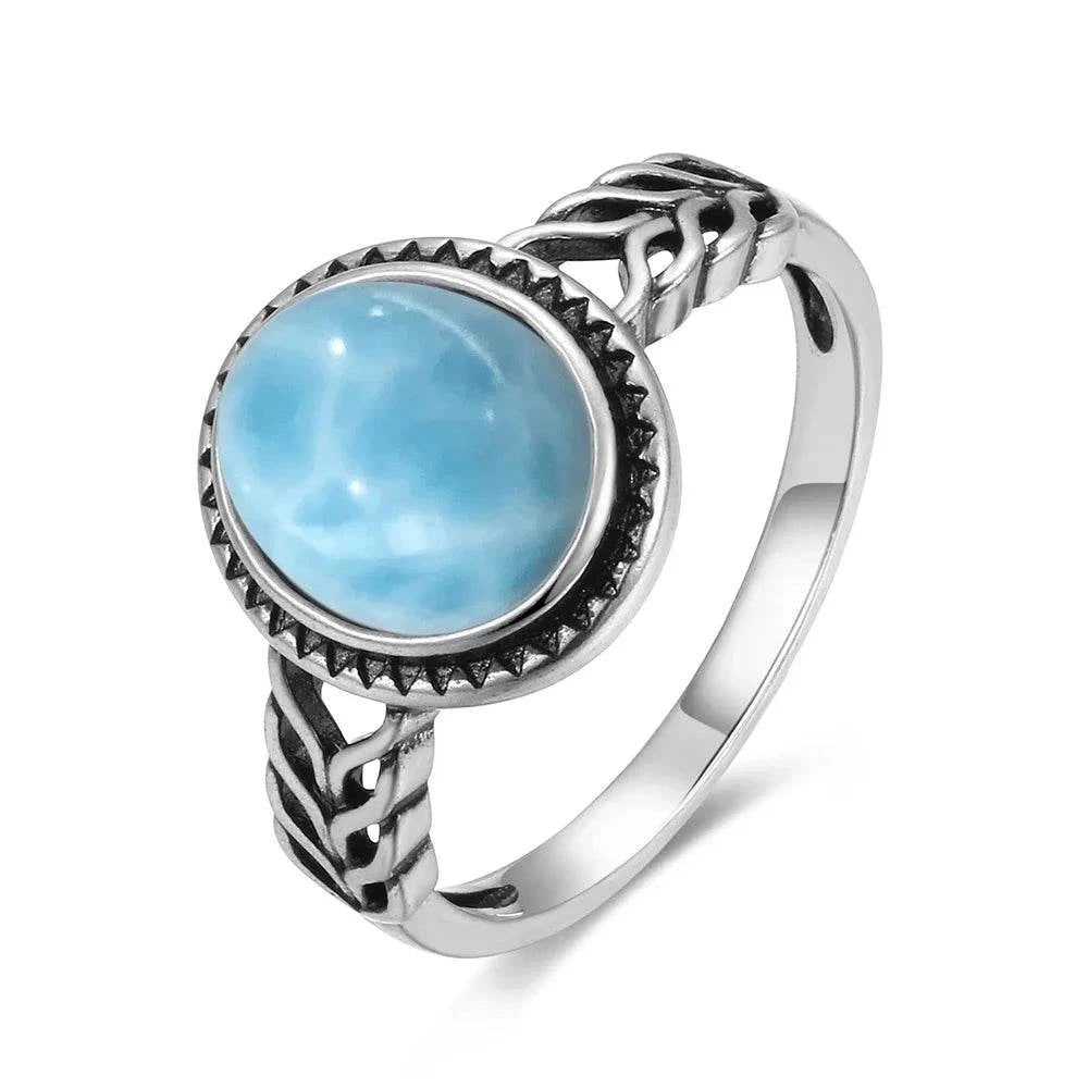 Vintage 925 Silver Natural Larimar Stone Ring Round Flower Shape Sky Blue Sea Water Ring Fine Jewelry Ring Gift For Women Men - Flamingo Stores