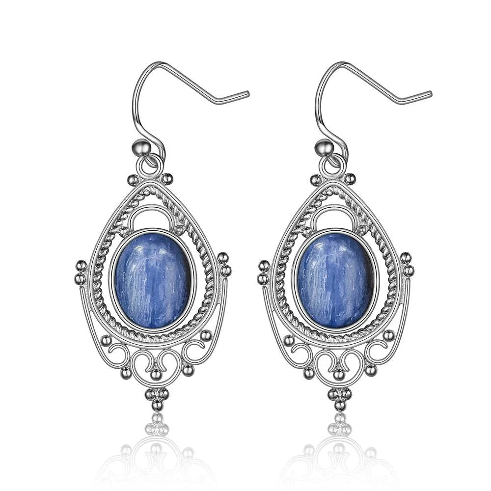 925 Sterling Silver Oval 8*10mm Natural Labradorite Earrings Vintage Ethnic Jewelry for Women Gift - Flamingo Stores