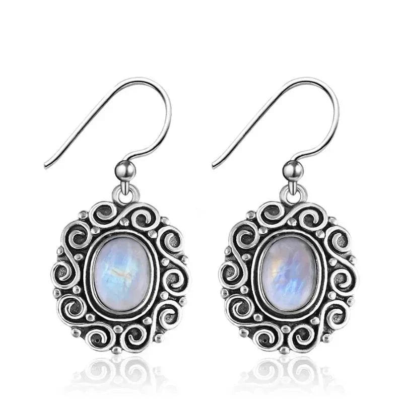 925 Sterling Silver Moonstone Drop Earrings for Women Oval Amethyst Charoite Earring Party Wedding Gift Jewelry Blue Sandstone - Flamingo Stores