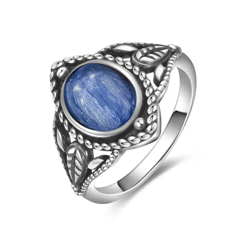 Vintage S925 Sterling Silver Ring Oval Round Natural Kyanite Ring Sun And Flower Shaped Retro Fine Jewelry For Women Men - Flamingo Stores