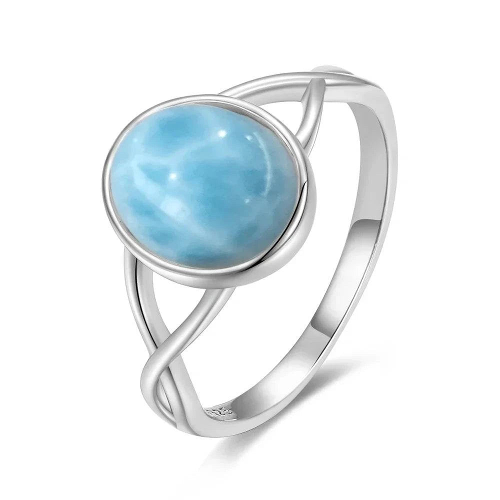 Vintage 925 Silver Natural Larimar Stone Ring Round Flower Shape Sky Blue Sea Water Ring Fine Jewelry Ring Gift For Women Men - Flamingo Stores