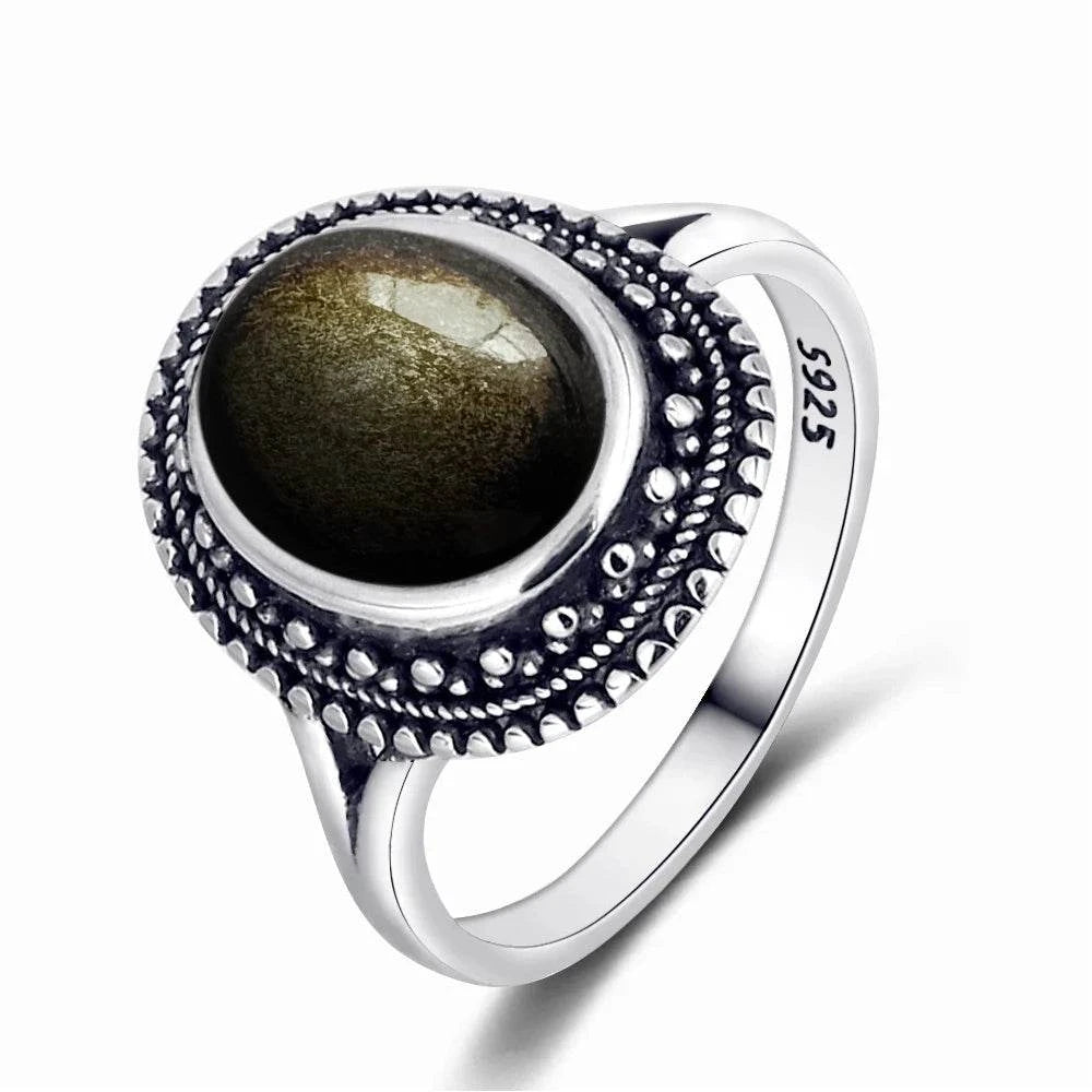 Vintage S925 Sterling Silver Ring Oval Round Natural Obsidian Ring Sun And Flower Shaped Retro Fine Jewelry For Women Men - Flamingo Stores