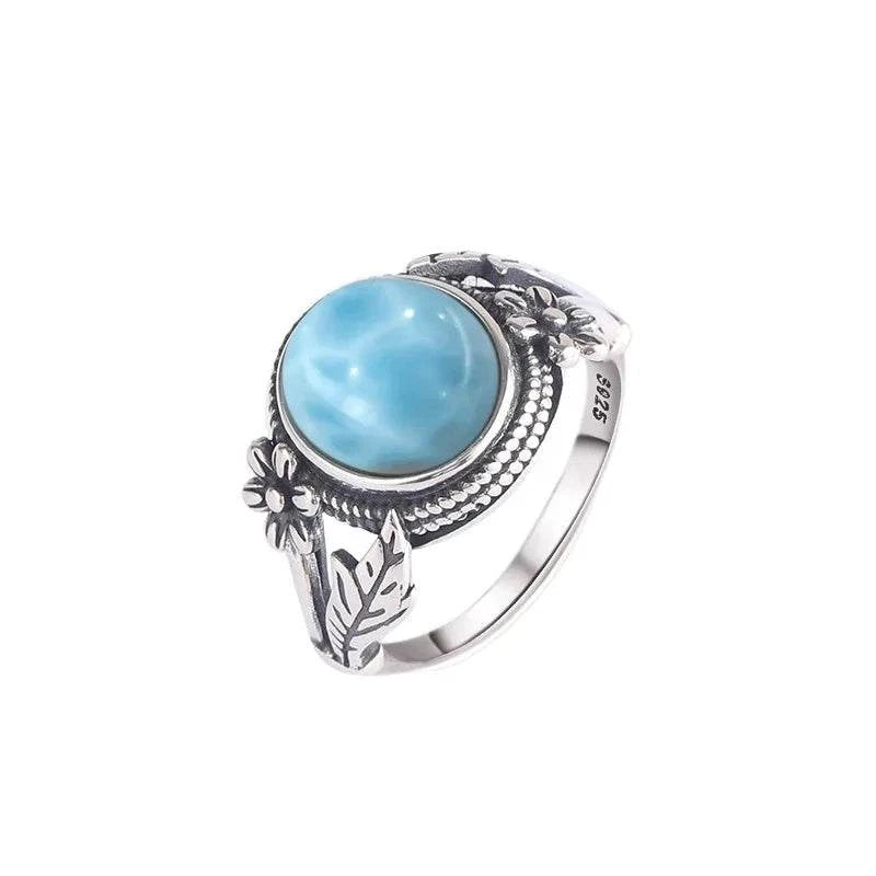 Vintage 925 Silver Natural Larimar Stone Ring Round Flower Shape Sky Blue Sea Water Ring Fine Jewelry Ring Gift For Women Men - Flamingo Stores