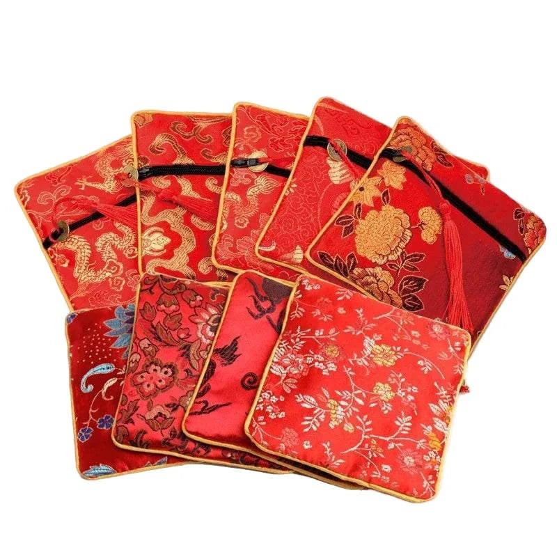 1pc Chinese Brocade Zipper Jewelry Bag Gift Pouch Square with Flower Pattern for Gift Packaging Shopping Storage Pouche - Flamingo Stores