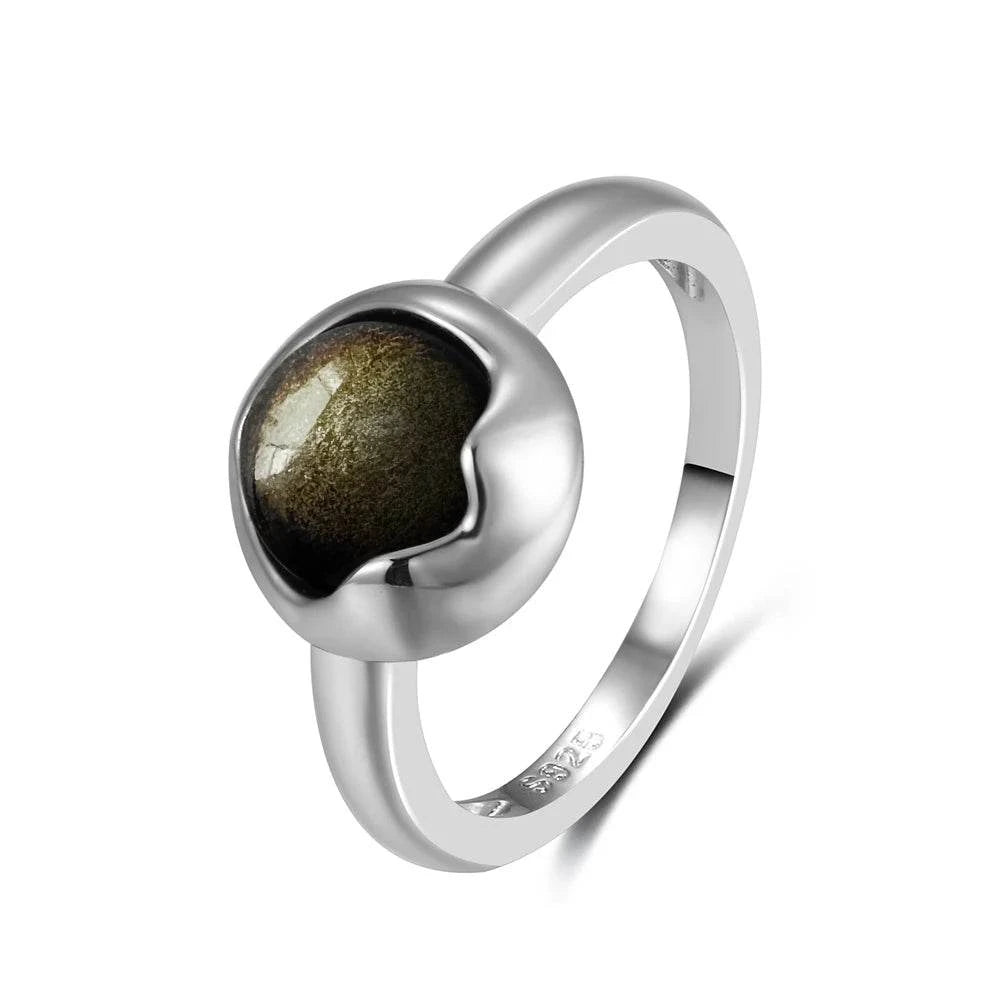 Vintage S925 Sterling Silver Ring Oval Round Natural Obsidian Ring Sun And Flower Shaped Retro Fine Jewelry For Women Men - Flamingo Stores