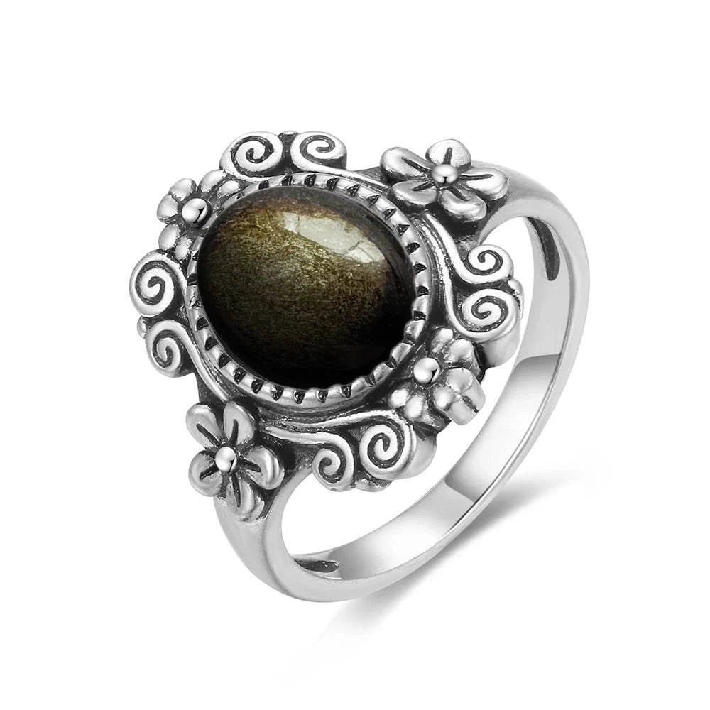 Vintage S925 Sterling Silver Ring Oval Round Natural Obsidian Ring Sun And Flower Shaped Retro Fine Jewelry For Women Men - Flamingo Stores