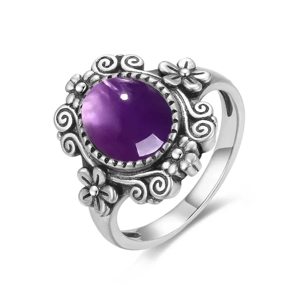 Vintage S925 Sterling Silver Ring Oval Round Natural Amethyst Ring Sun And Flower Shaped Retro Fine Jewelry For Women Men - Flamingo Stores