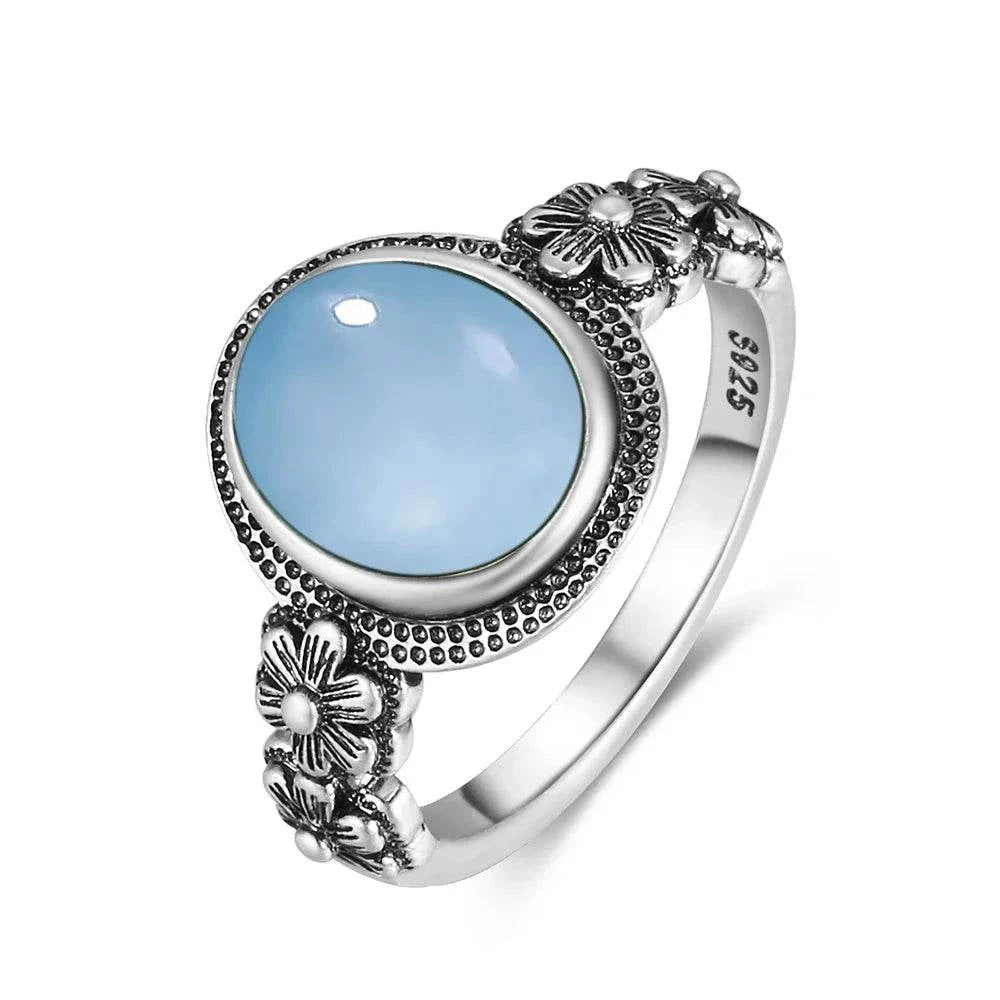 Vintage S925 Sterling Silver Ring Round Natural Lake Blue Crystal Ring Sun And Flower Shaped Retro Fine Jewelry For Women Men - Flamingo Stores