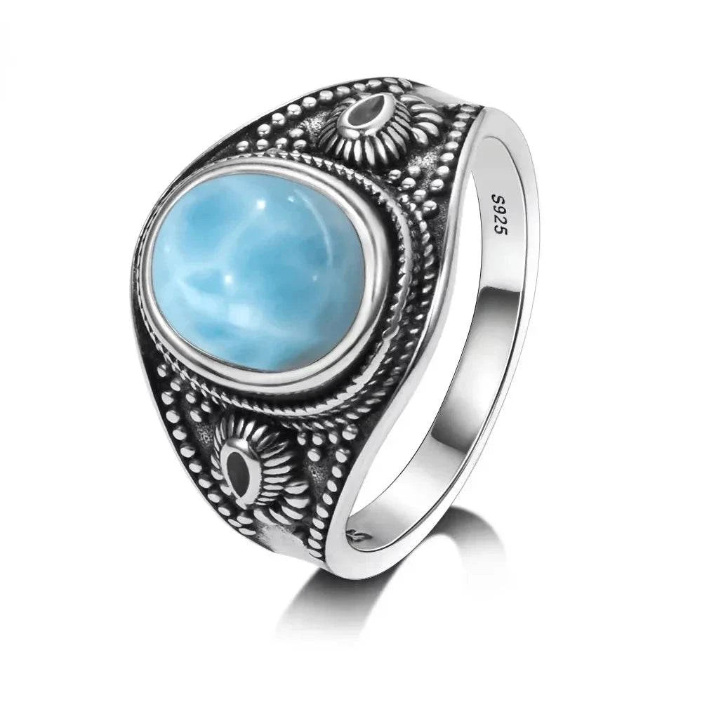 Vintage 925 Silver Natural Larimar Stone Ring Round Flower Shape Sky Blue Sea Water Ring Fine Jewelry Ring Gift For Women Men - Flamingo Stores