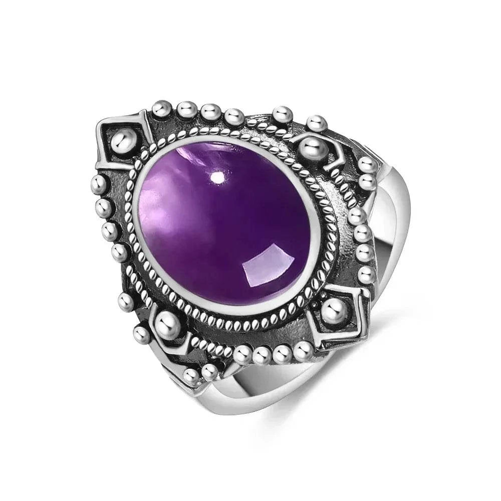 Vintage S925 Sterling Silver Ring Oval Round Natural Amethyst Ring Sun And Flower Shaped Retro Fine Jewelry For Women Men - Flamingo Stores