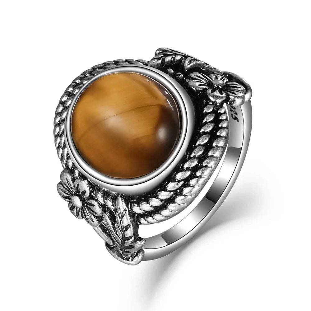 Vintage S925 Sterling Silver Ring Oval Round Natural Tiger Eye Ring Sun And Flower Shaped Retro Fine Jewelry For Women Men - Flamingo Stores