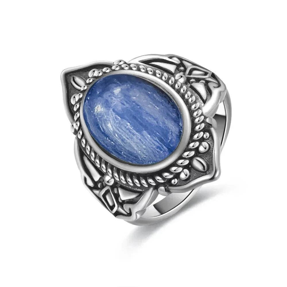 Vintage S925 Sterling Silver Ring Oval Round Natural Kyanite Ring Sun And Flower Shaped Retro Fine Jewelry For Women Men - Flamingo Stores