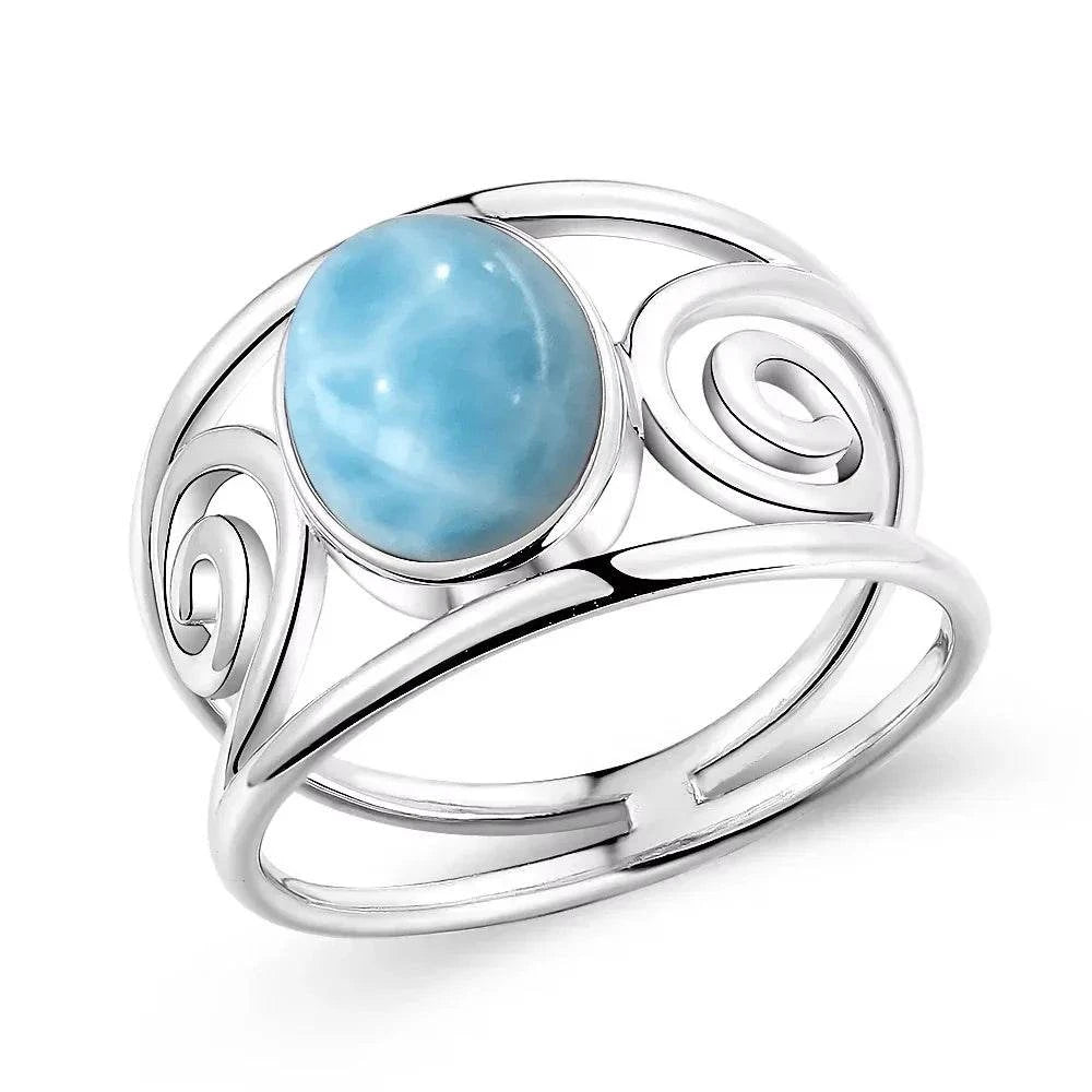Vintage 925 Silver Natural Larimar Stone Ring Round Flower Shape Sky Blue Sea Water Ring Fine Jewelry Ring Gift For Women Men - Flamingo Stores