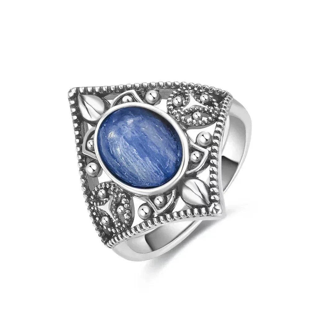 Vintage S925 Sterling Silver Ring Oval Round Natural Kyanite Ring Sun And Flower Shaped Retro Fine Jewelry For Women Men - Flamingo Stores