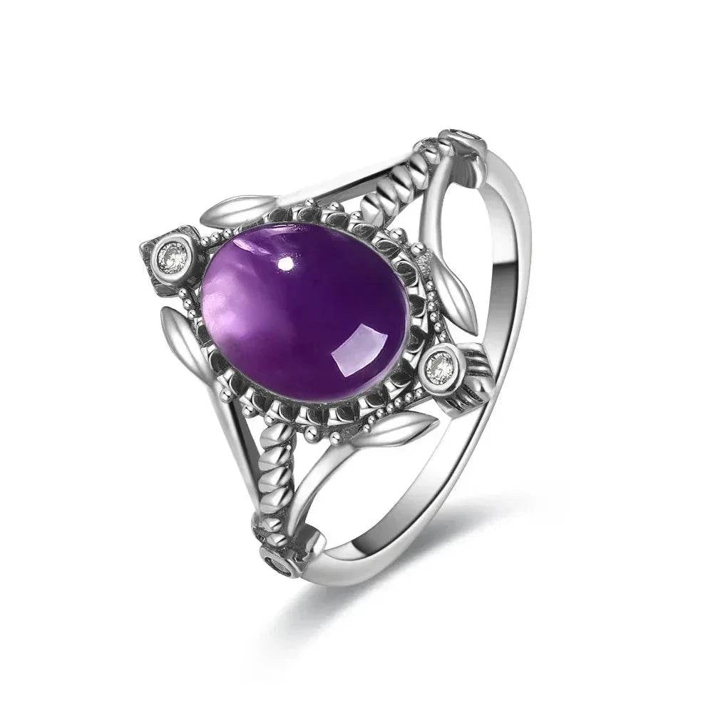 Vintage S925 Sterling Silver Ring Oval Round Natural Amethyst Ring Sun And Flower Shaped Retro Fine Jewelry For Women Men - Flamingo Stores