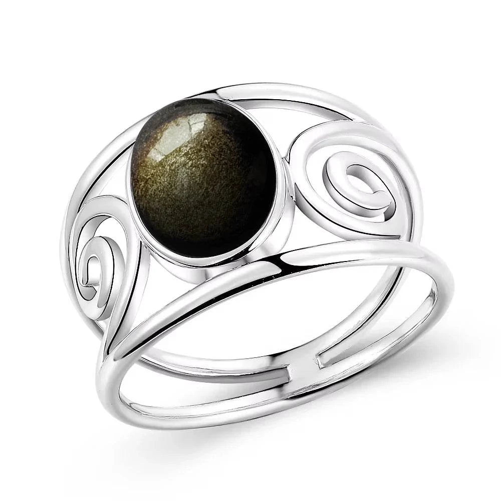 Vintage S925 Sterling Silver Ring Oval Round Natural Obsidian Ring Sun And Flower Shaped Retro Fine Jewelry For Women Men - Flamingo Stores