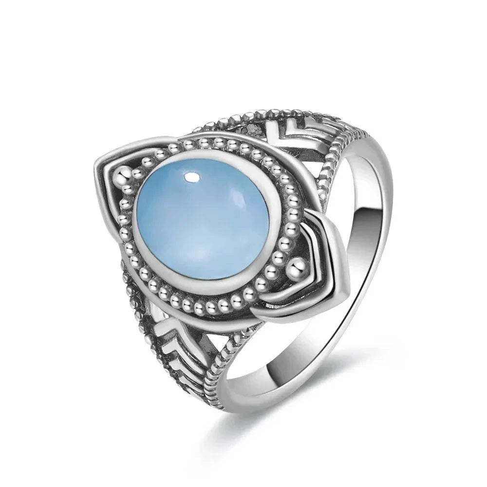 Vintage S925 Sterling Silver Ring Round Natural Lake Blue Crystal Ring Sun And Flower Shaped Retro Fine Jewelry For Women Men - Flamingo Stores