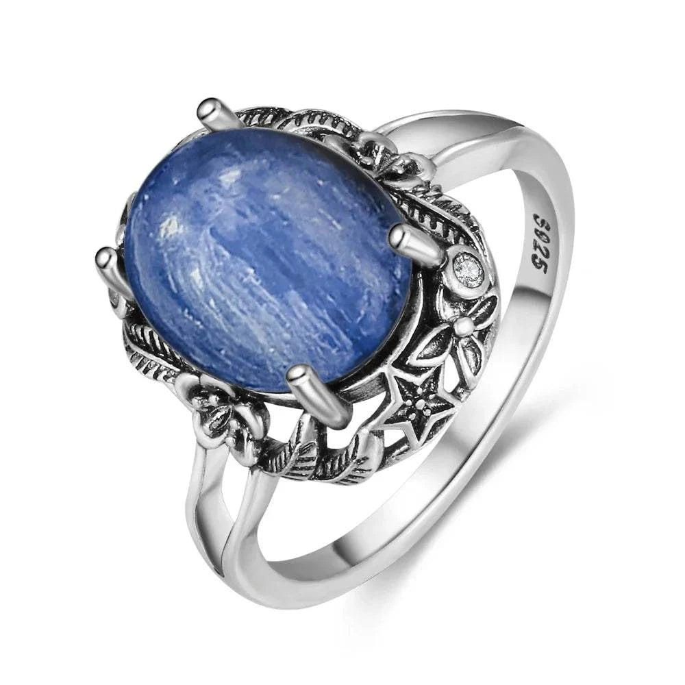 Vintage S925 Sterling Silver Ring Oval Round Natural Kyanite Ring Sun And Flower Shaped Retro Fine Jewelry For Women Men - Flamingo Stores