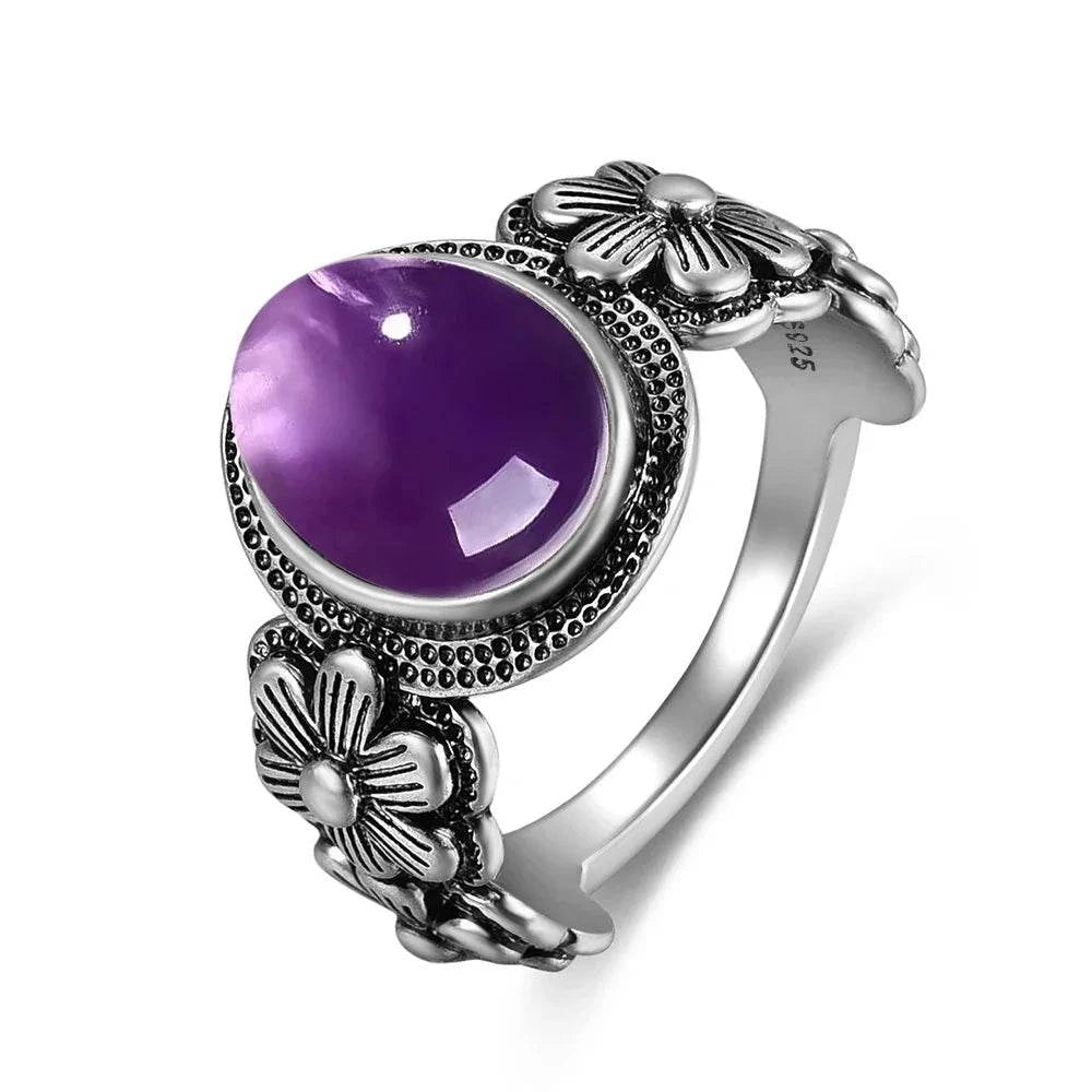 Vintage S925 Sterling Silver Ring Oval Round Natural Amethyst Ring Sun And Flower Shaped Retro Fine Jewelry For Women Men - Flamingo Stores