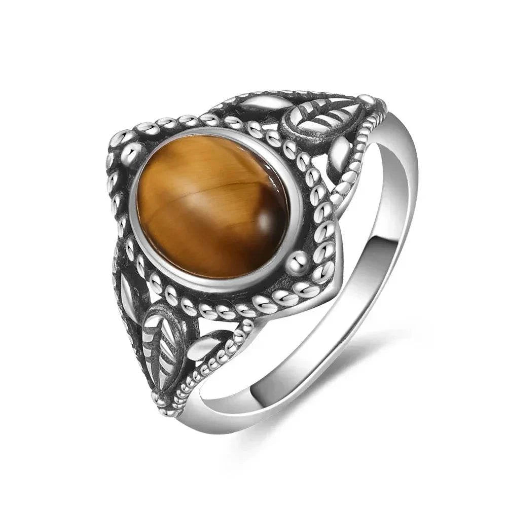 Vintage S925 Sterling Silver Ring Oval Round Natural Tiger Eye Ring Sun And Flower Shaped Retro Fine Jewelry For Women Men - Flamingo Stores