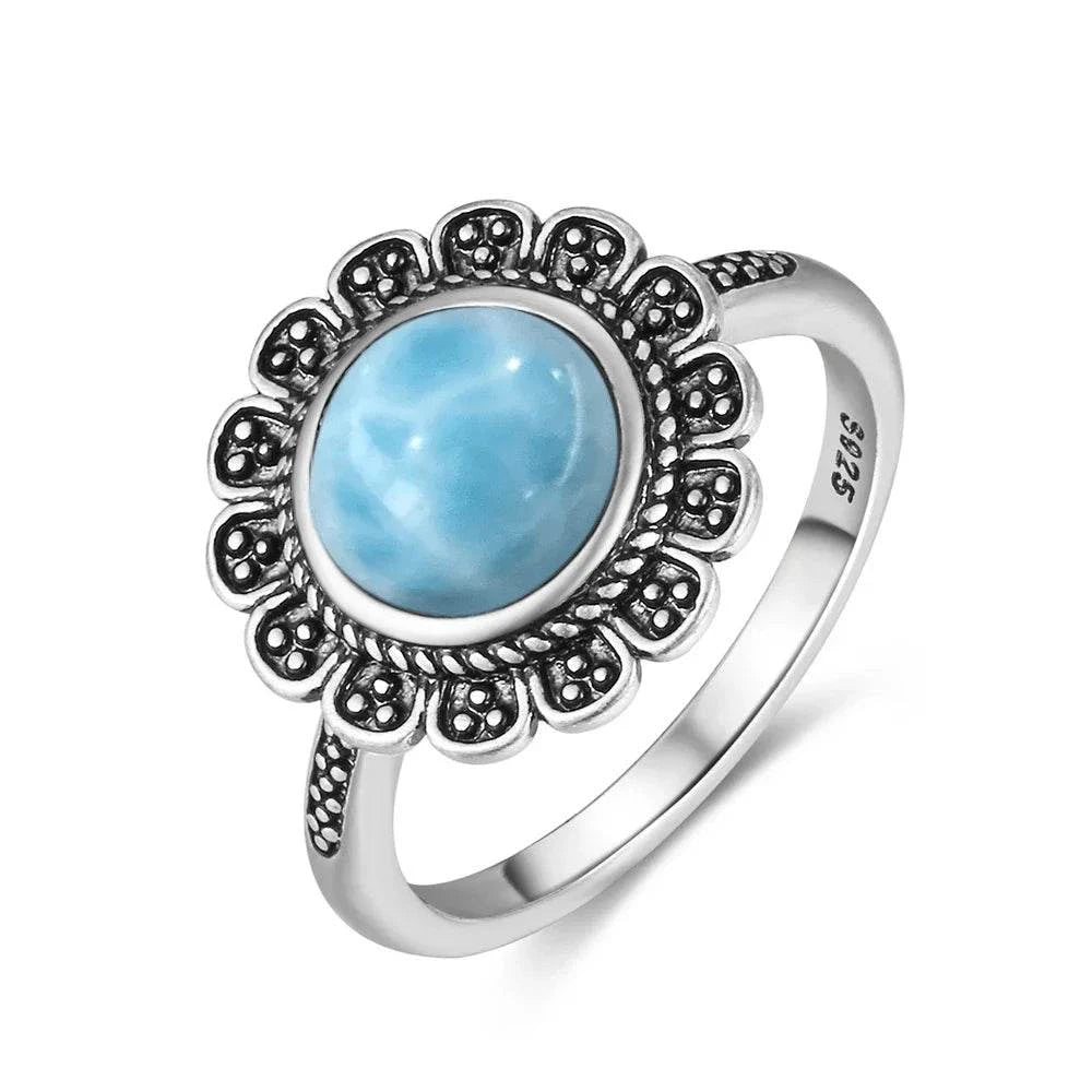 Vintage 925 Silver Natural Larimar Stone Ring Round Flower Shape Sky Blue Sea Water Ring Fine Jewelry Ring Gift For Women Men - Flamingo Stores