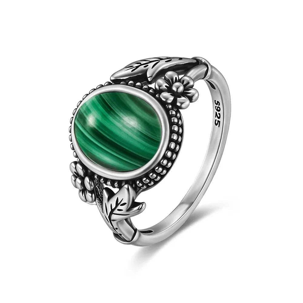 Vintage S925 Sterling Silver Ring Oval Round Natural Malachite Ring Sun And Flower Shaped Retro Fine Jewelry For Women Men - Flamingo Stores