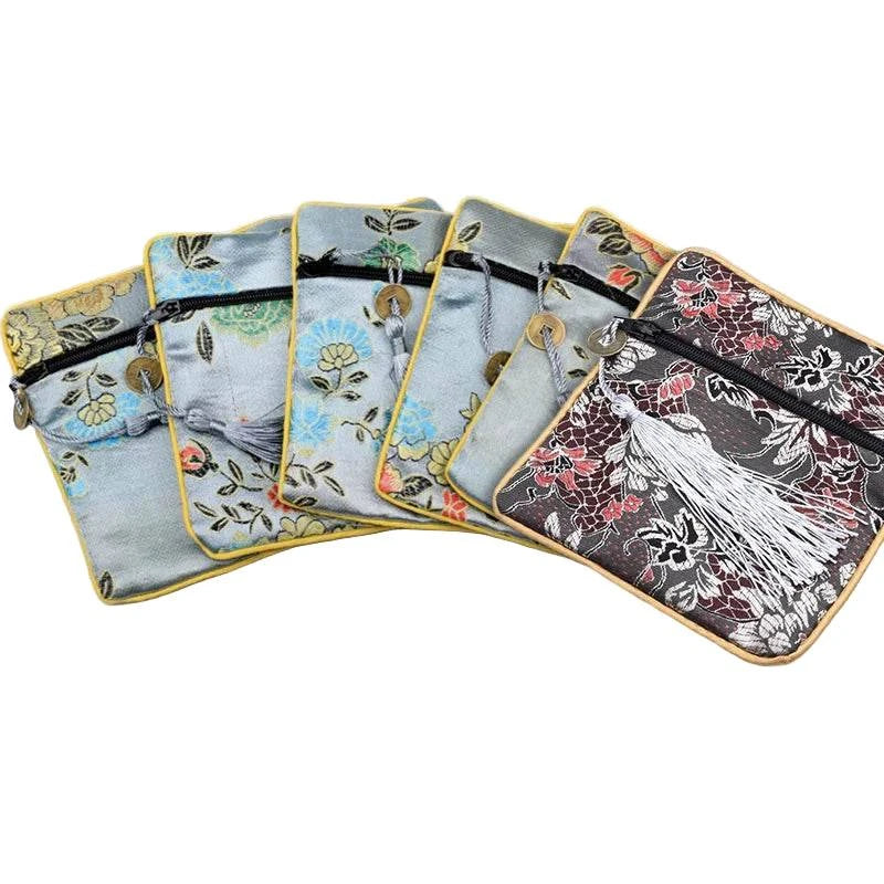 1pc Chinese Brocade Zipper Jewelry Bag Gift Pouch Square with Flower Pattern for Gift Packaging Shopping Storage Pouche - Flamingo Stores