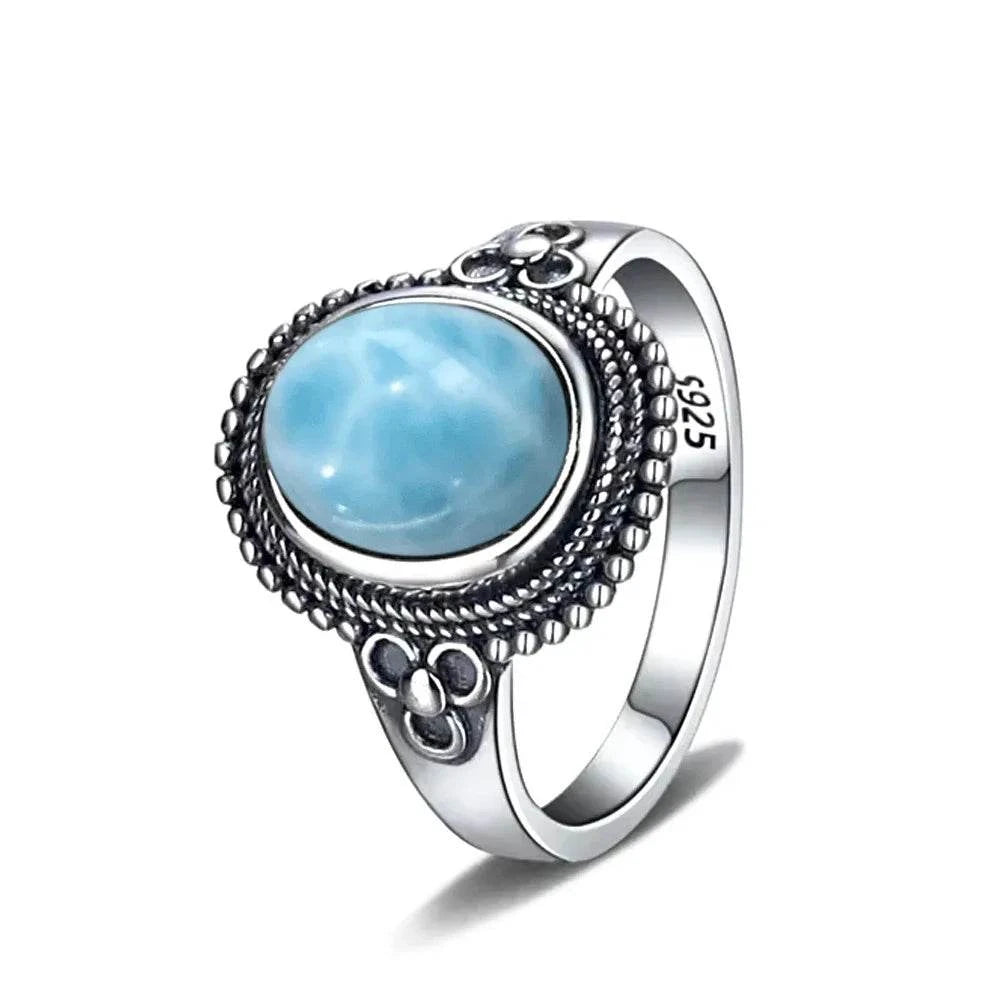 Vintage 925 Silver Natural Larimar Stone Ring Round Flower Shape Sky Blue Sea Water Ring Fine Jewelry Ring Gift For Women Men - Flamingo Stores