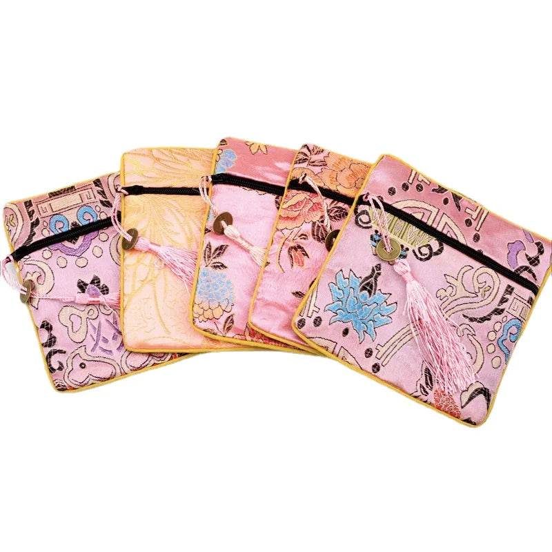 1pc Chinese Brocade Zipper Jewelry Bag Gift Pouch Square with Flower Pattern for Gift Packaging Shopping Storage Pouche - Flamingo Stores