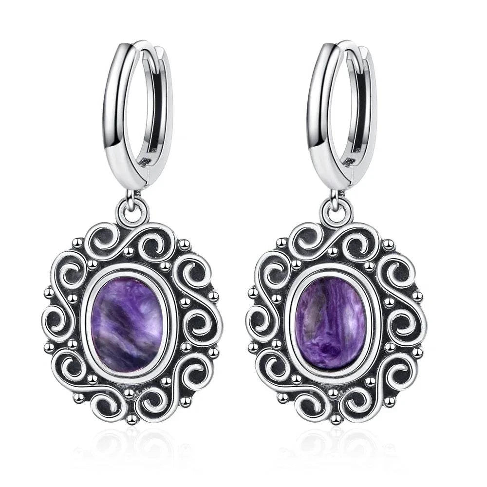 925 Sterling Silver Moonstone Drop Earrings for Women Oval Amethyst Charoite Earring Party Wedding Gift Jewelry Blue Sandstone - Flamingo Stores