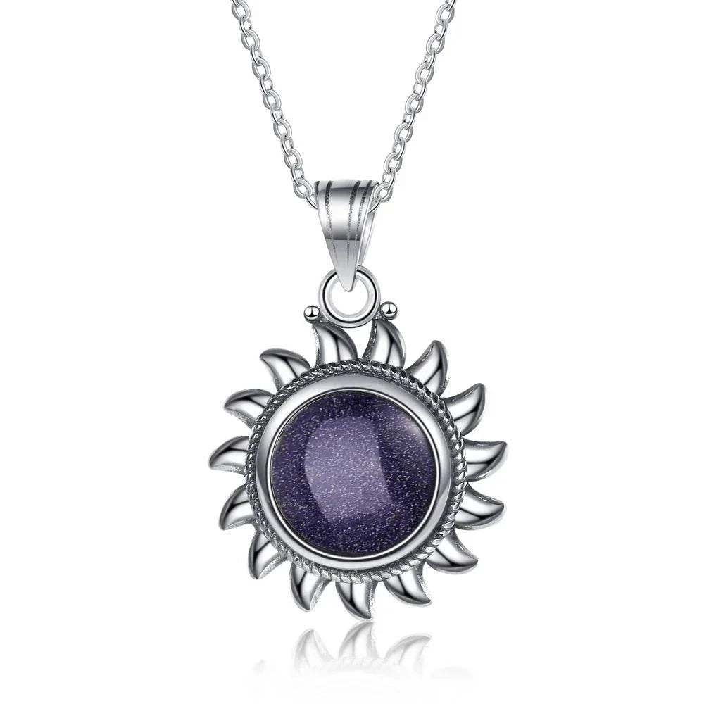 925 Sterling Silver Natural Labradorite Amethyst Necklace Sun Shape Vintage Necklace for Women Gift - Flamingo Stores