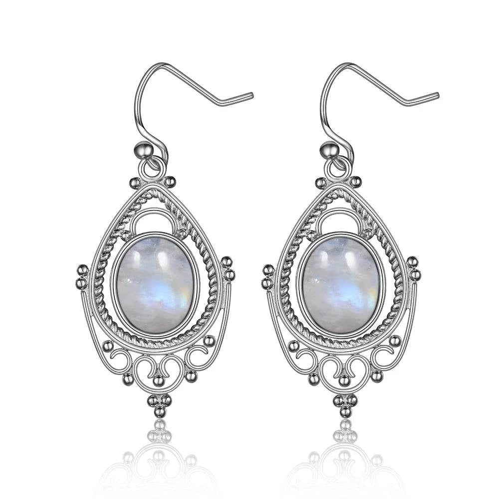 925 Sterling Silver Oval 8*10mm Natural Labradorite Earrings Vintage Ethnic Jewelry for Women Gift - Flamingo Stores