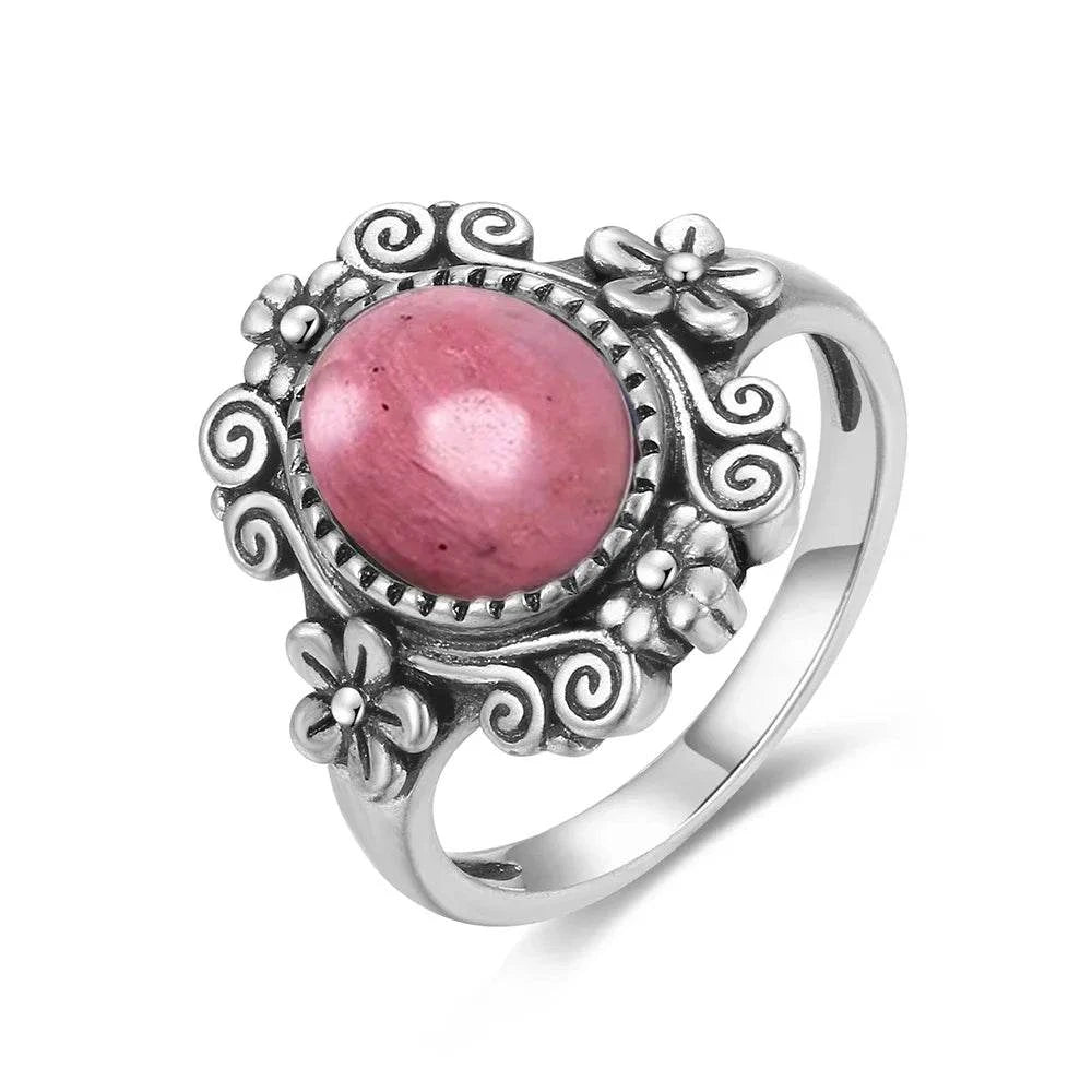 Vintage S925 Sterling Silver Ring Oval Round Natural Rhodochrosite Ring Sun And Flower Shaped Retro Fine Jewelry For Women Men - Flamingo Stores