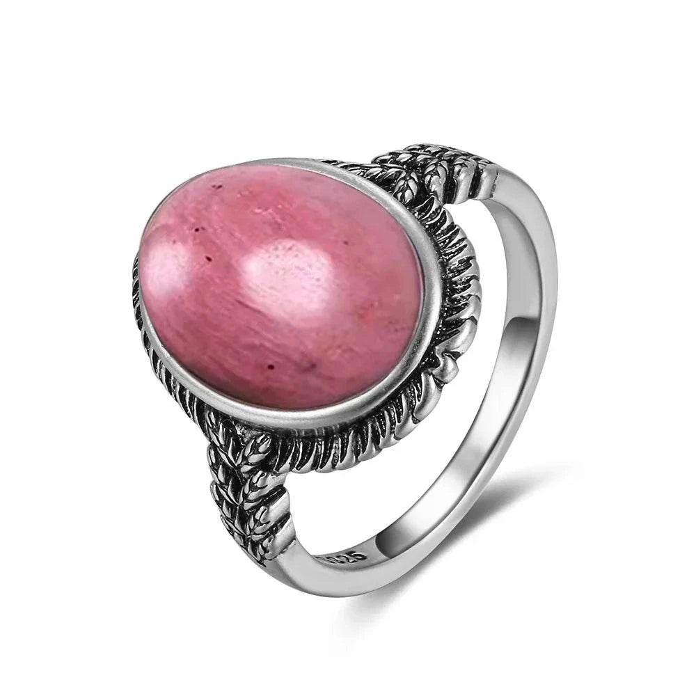Vintage S925 Sterling Silver Ring Oval Round Natural Rhodochrosite Ring Sun And Flower Shaped Retro Fine Jewelry For Women Men - Flamingo Stores