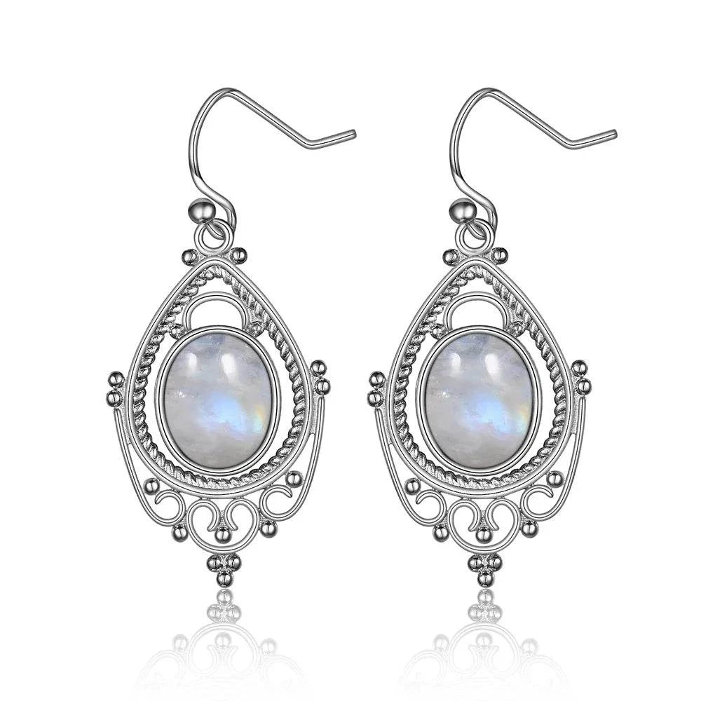 925 Sterling Silver Oval 8*10mm Natural Labradorite Earrings Vintage Ethnic Jewelry for Women Gift - Flamingo Stores