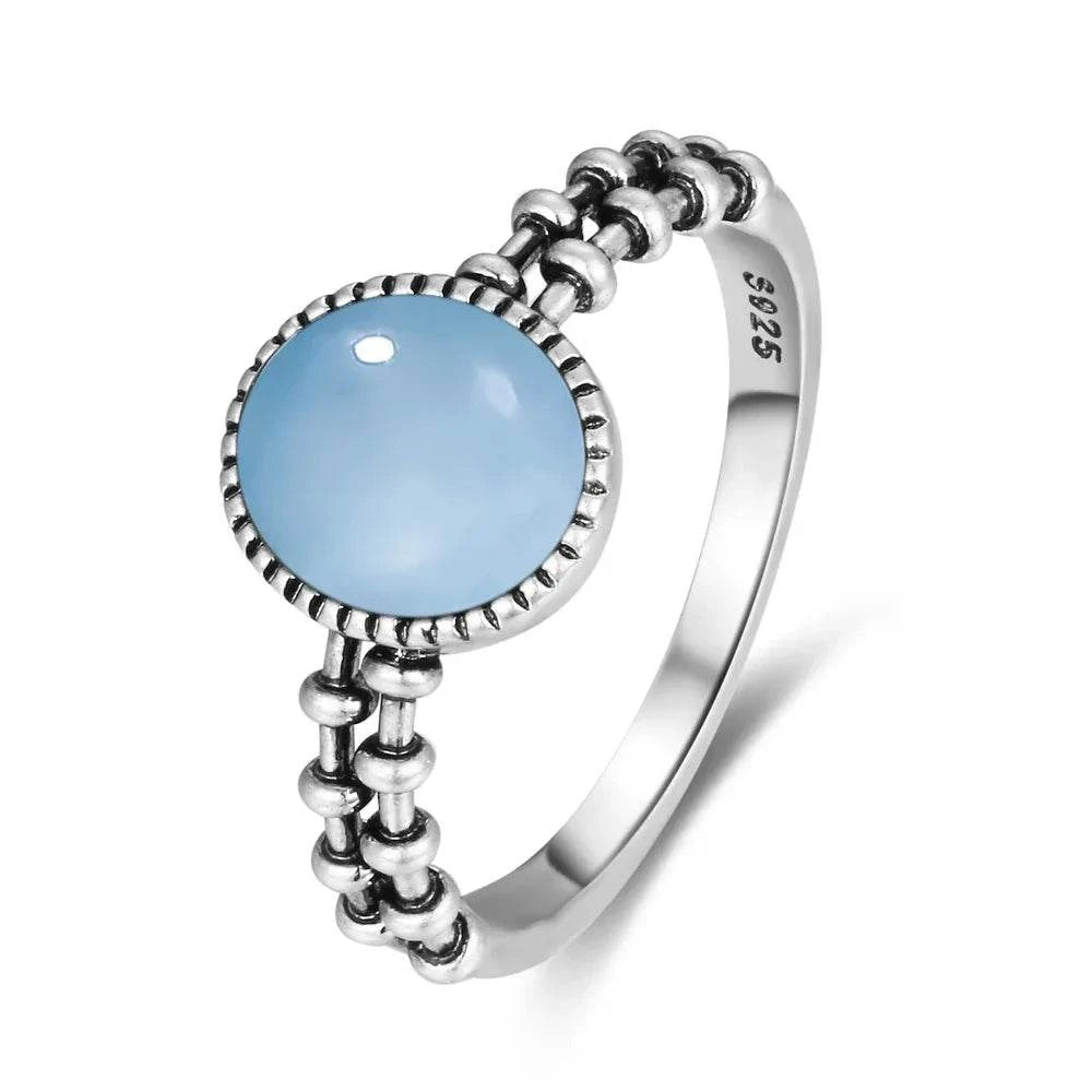 Vintage S925 Sterling Silver Ring Round Natural Lake Blue Crystal Ring Sun And Flower Shaped Retro Fine Jewelry For Women Men - Flamingo Stores
