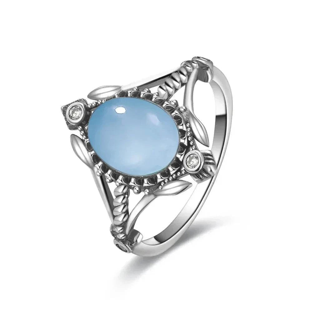 Vintage S925 Sterling Silver Ring Round Natural Lake Blue Crystal Ring Sun And Flower Shaped Retro Fine Jewelry For Women Men - Flamingo Stores