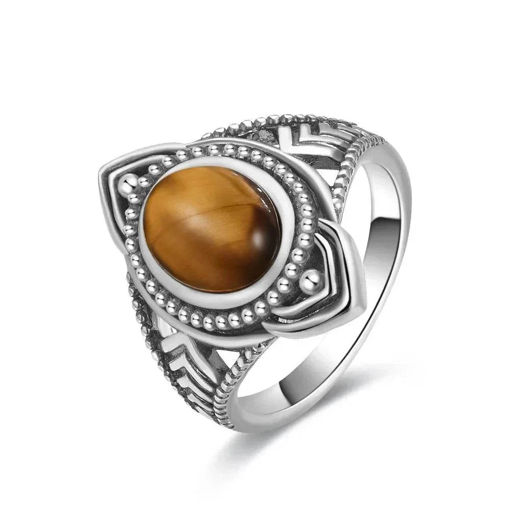 Vintage S925 Sterling Silver Ring Oval Round Natural Tiger Eye Ring Sun And Flower Shaped Retro Fine Jewelry For Women Men - Flamingo Stores