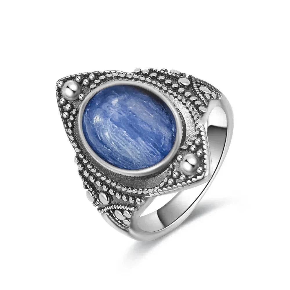 Vintage S925 Sterling Silver Ring Oval Round Natural Kyanite Ring Sun And Flower Shaped Retro Fine Jewelry For Women Men - Flamingo Stores