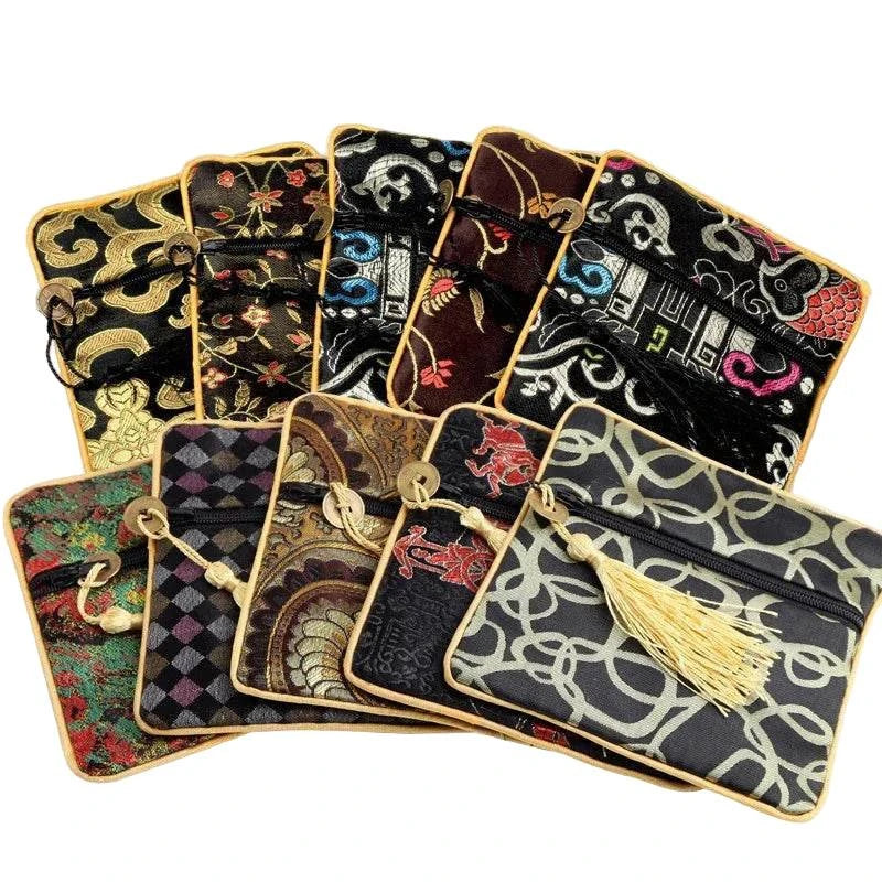 1pc Chinese Brocade Zipper Jewelry Bag Gift Pouch Square with Flower Pattern for Gift Packaging Shopping Storage Pouche - Flamingo Stores