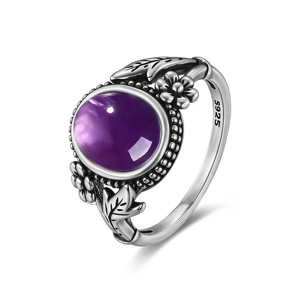 Vintage S925 Sterling Silver Ring Oval Round Natural Amethyst Ring Sun And Flower Shaped Retro Fine Jewelry For Women Men - Flamingo Stores
