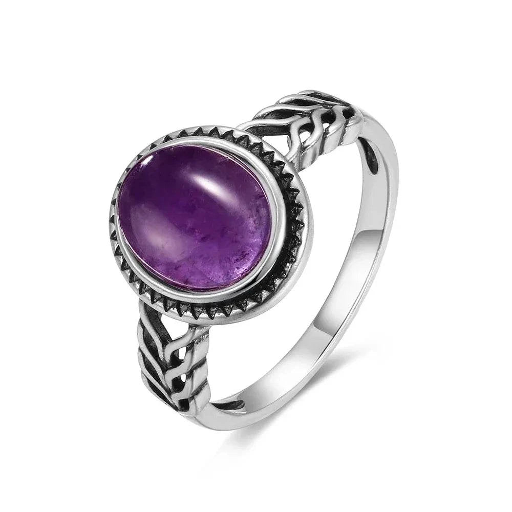 Vintage S925 Sterling Silver Ring Oval Round Natural Amethyst Ring Sun And Flower Shaped Retro Fine Jewelry For Women Men - Flamingo Stores