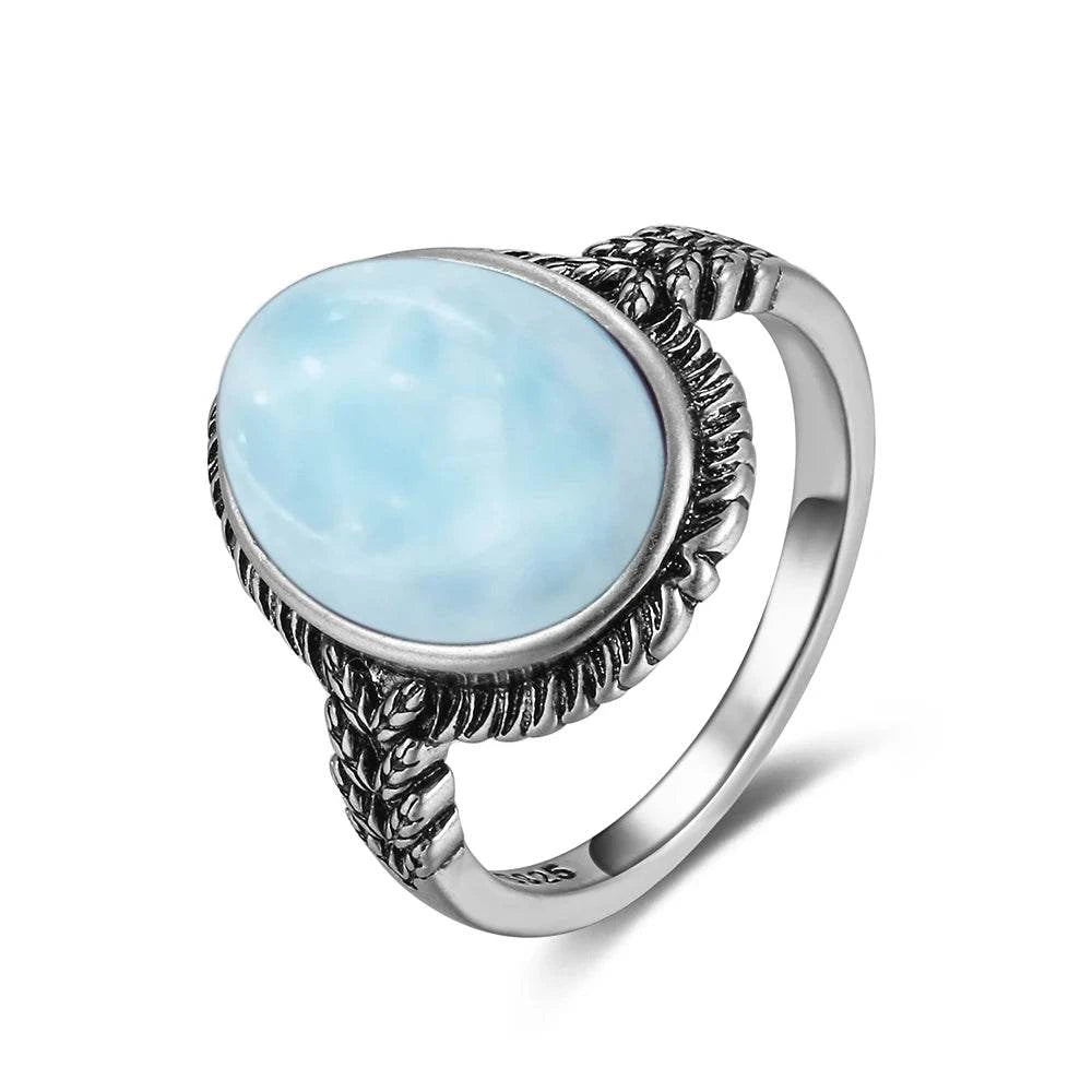 Vintage 925 Silver Natural Larimar Stone Ring Round Flower Shape Sky Blue Sea Water Ring Fine Jewelry Ring Gift For Women Men - Flamingo Stores