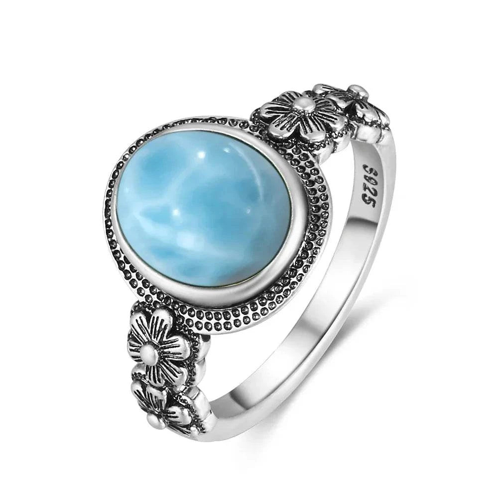 Vintage 925 Silver Natural Larimar Stone Ring Round Flower Shape Sky Blue Sea Water Ring Fine Jewelry Ring Gift For Women Men - Flamingo Stores