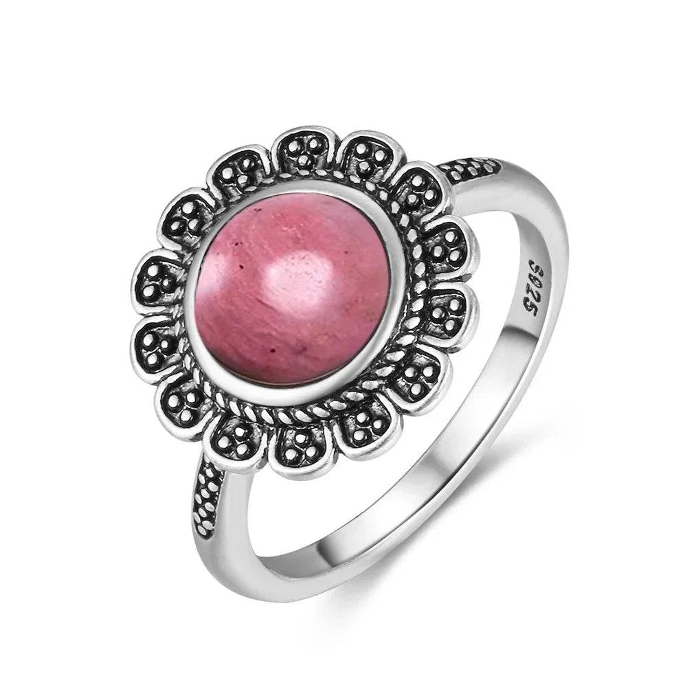 Vintage S925 Sterling Silver Ring Oval Round Natural Rhodochrosite Ring Sun And Flower Shaped Retro Fine Jewelry For Women Men - Flamingo Stores