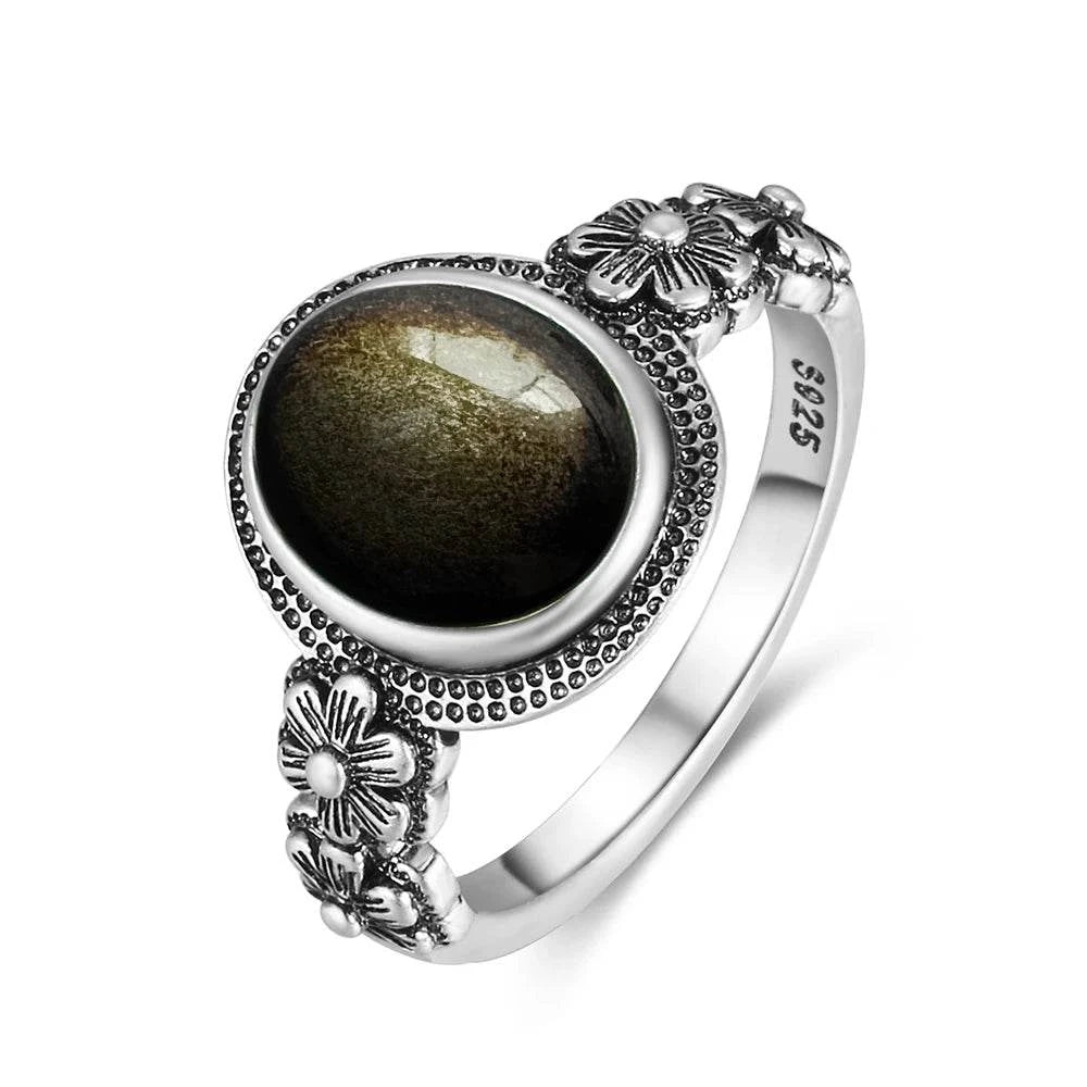 Vintage S925 Sterling Silver Ring Oval Round Natural Obsidian Ring Sun And Flower Shaped Retro Fine Jewelry For Women Men - Flamingo Stores