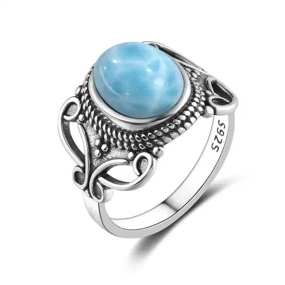 Vintage 925 Silver Natural Larimar Stone Ring Round Flower Shape Sky Blue Sea Water Ring Fine Jewelry Ring Gift For Women Men - Flamingo Stores