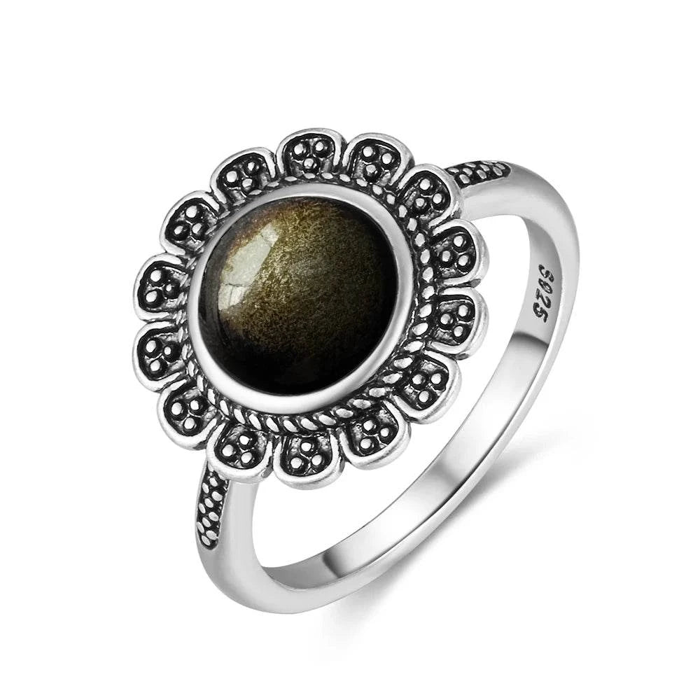 Vintage S925 Sterling Silver Ring Oval Round Natural Obsidian Ring Sun And Flower Shaped Retro Fine Jewelry For Women Men - Flamingo Stores