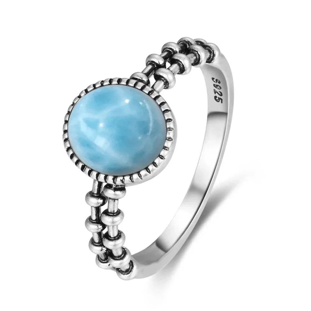 Vintage 925 Silver Natural Larimar Stone Ring Round Flower Shape Sky Blue Sea Water Ring Fine Jewelry Ring Gift For Women Men - Flamingo Stores